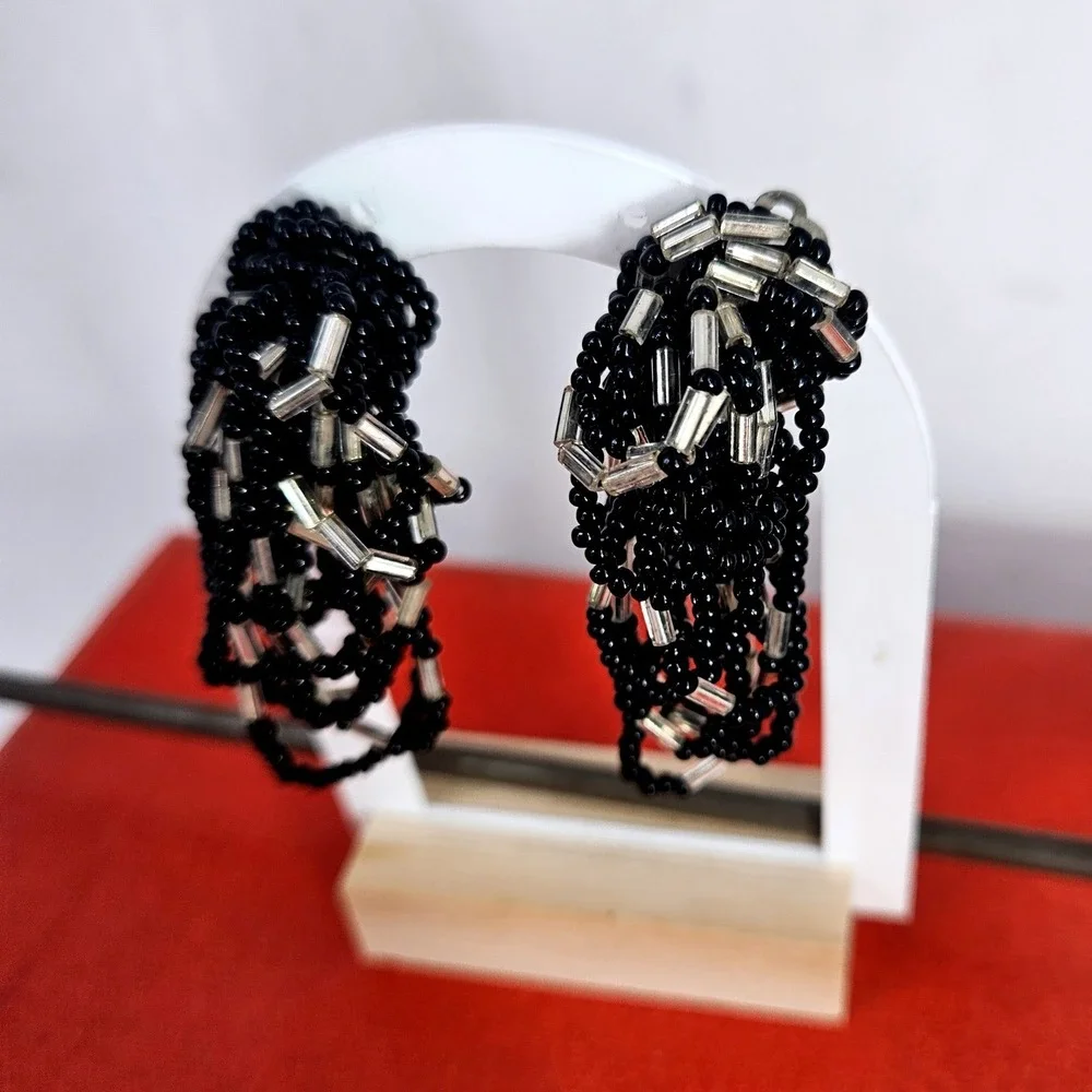 Vintage Black Silver Seed Bead‎ Waterfall Tassel Cluster Clip On Earrings 2